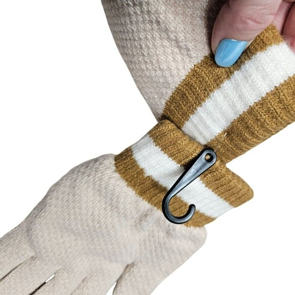 Adults Beige Brown Striped Knit Gloves Fuzzy Lined Touchscreen Tips Warm Cozy - Picture 4 of 6